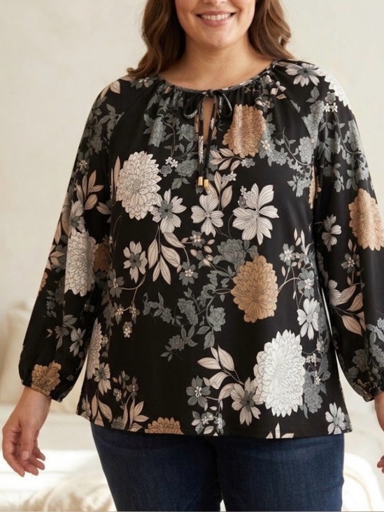 Clientele Tops - Clientele Floral Keyhole Neck Top Large Made in Canada Boho Long Sleeve Blouse